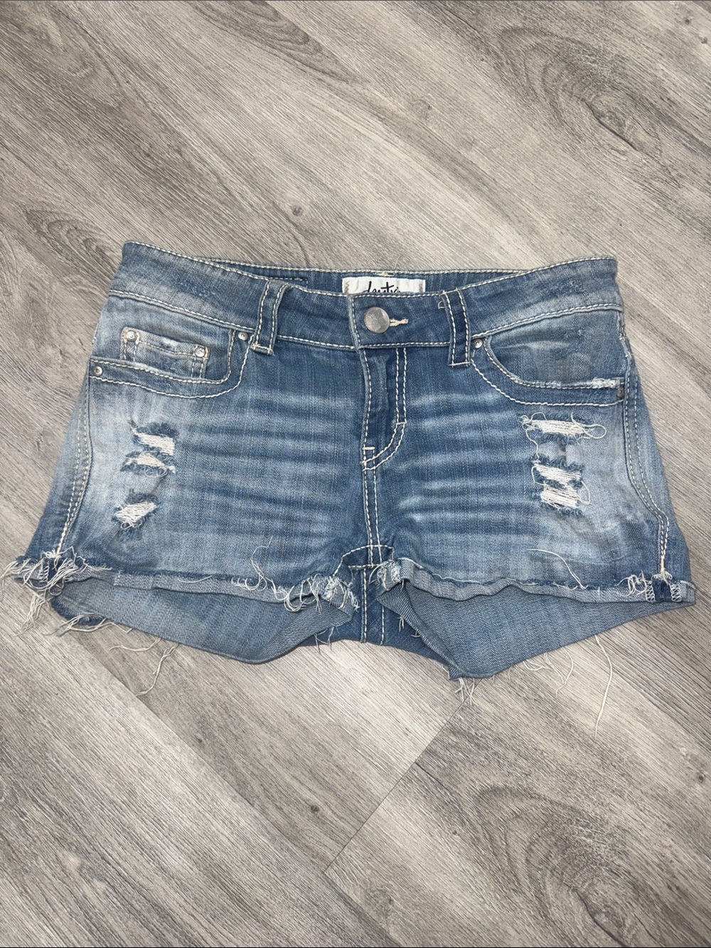 4th of July Daytrip Distressed Blue Denim Jean Shorts with White Stitching
